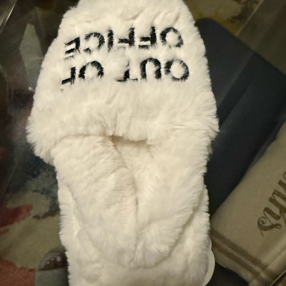 White Fuzzy Slippers with Text